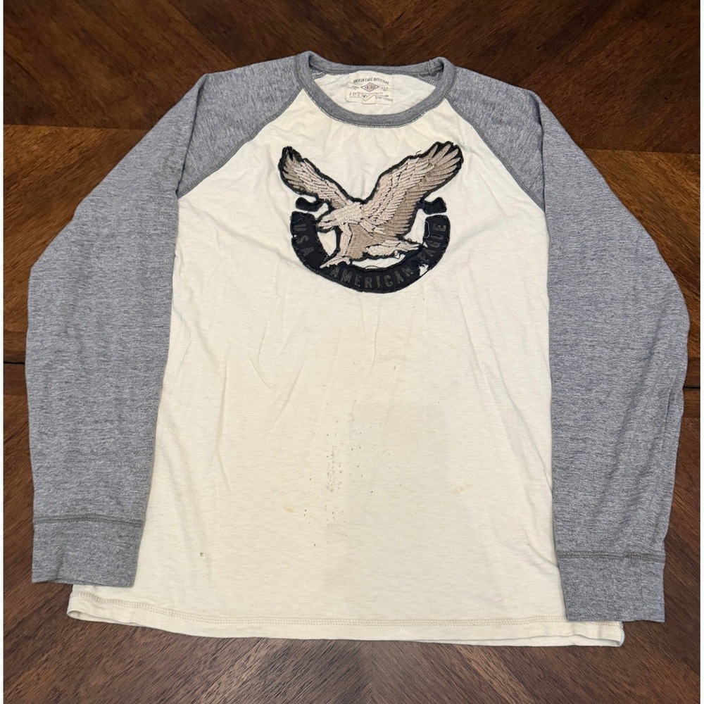 American Eagle Mens Raglan Baseball T-Shirt Gray Cream Eagle‎ Patch Large